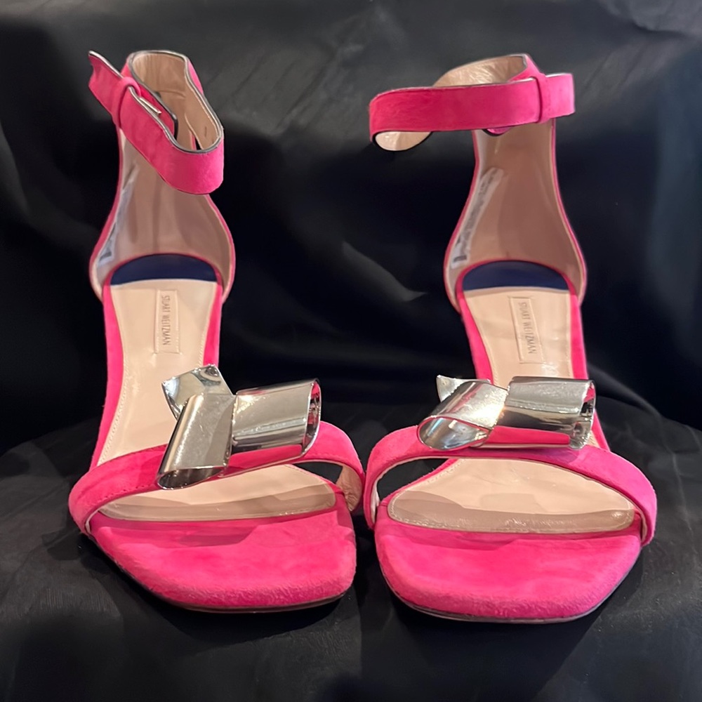 Stuart Weitzman hot pink suede women’s open toe heels